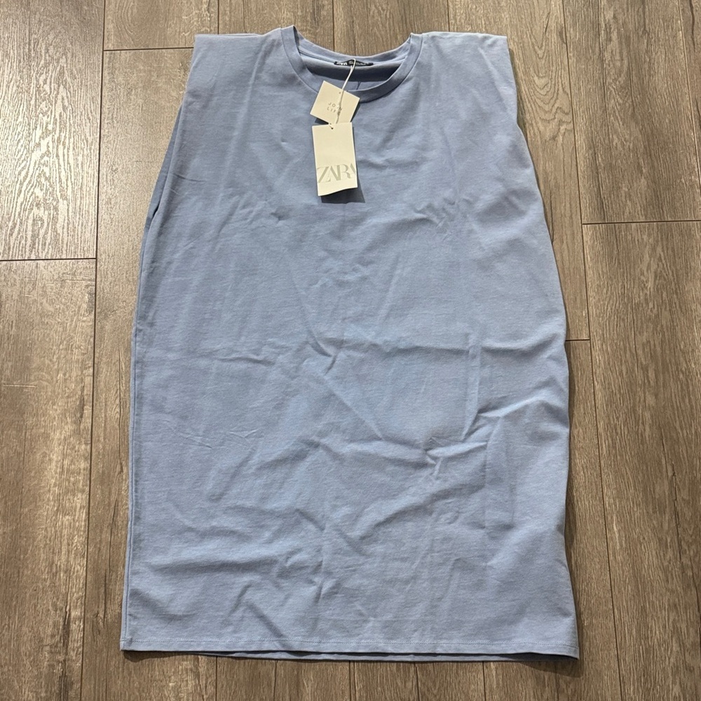 NWT Zara blue shoulder pad shirt dress L